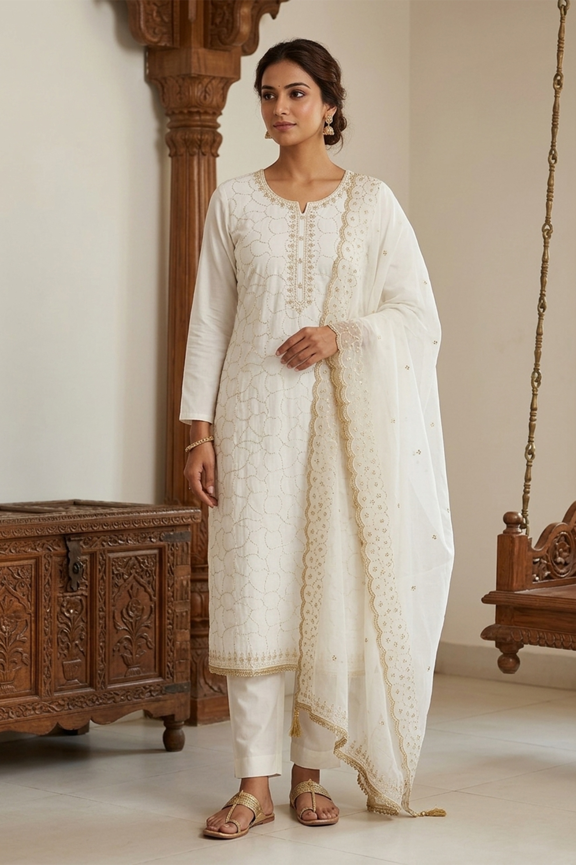 Off White Floral Jaal Jam Cotton Salwar Suit