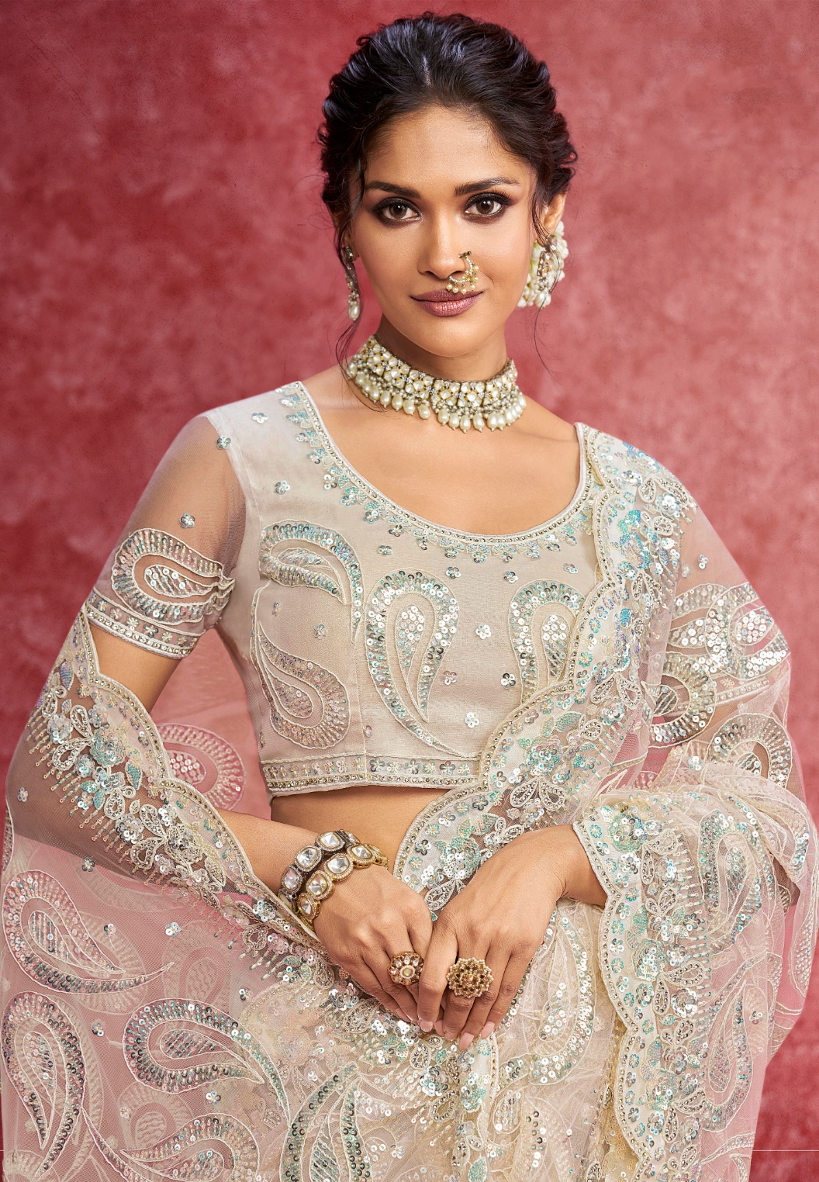 Off White Floral Net Saree — alternate view