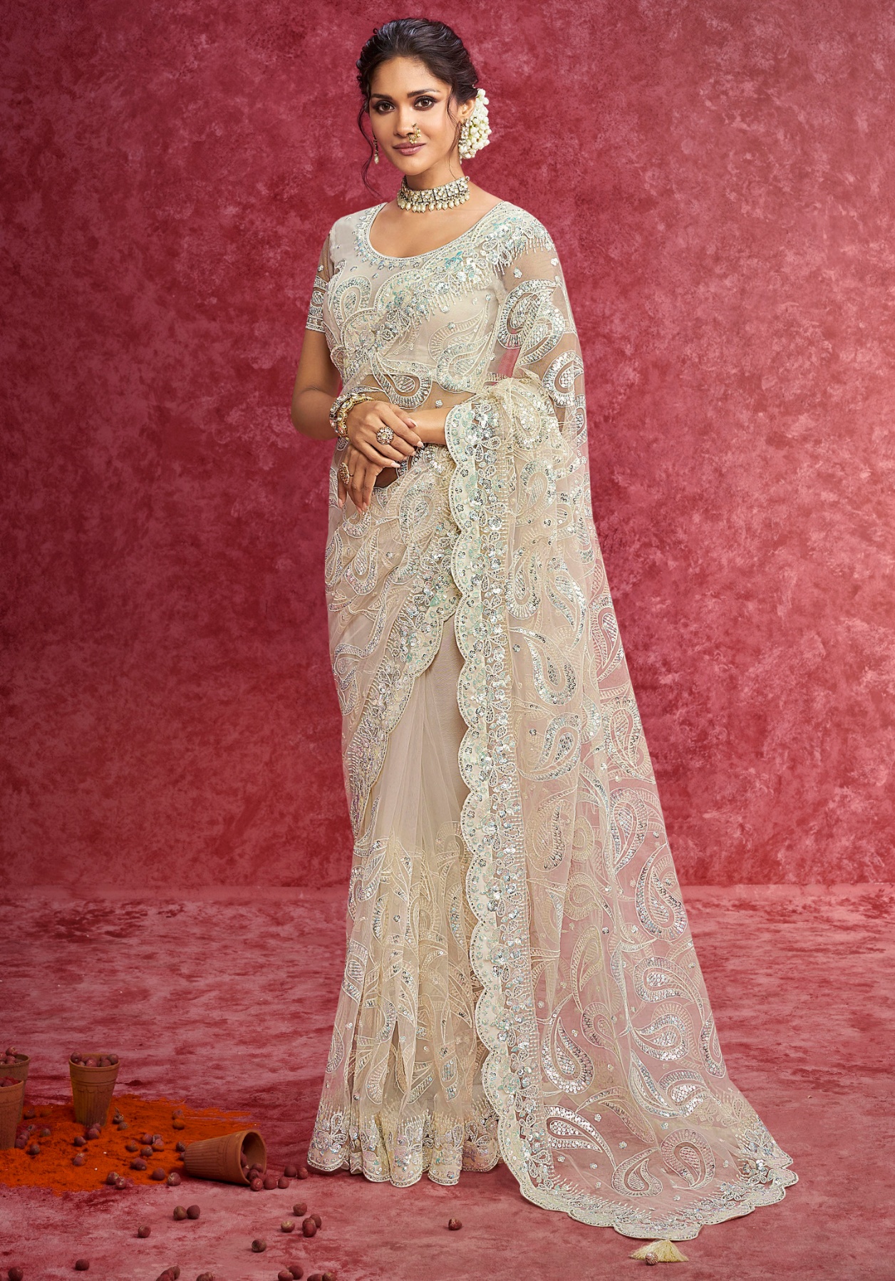 Off White Floral Net Saree