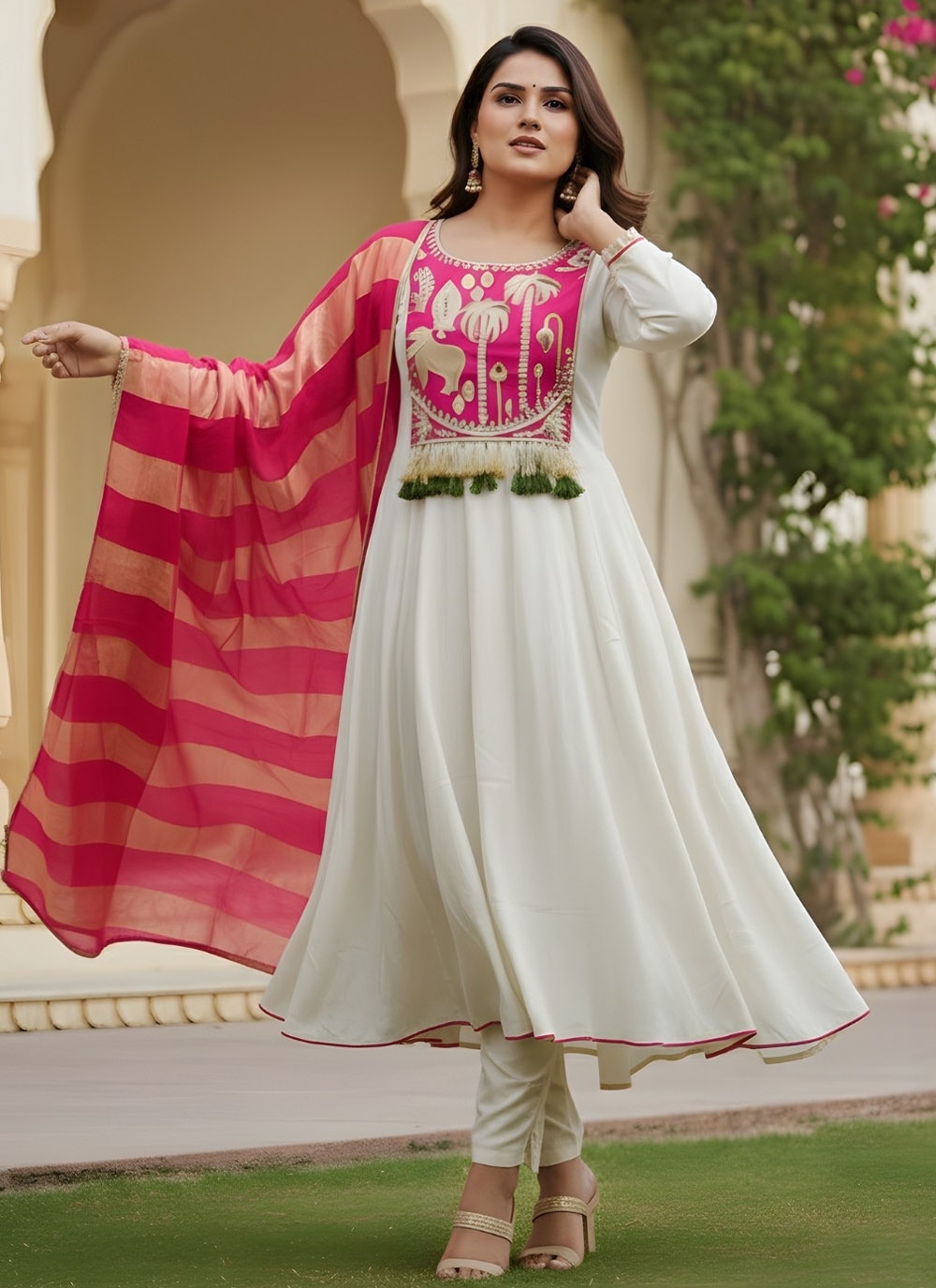 Off White Floral Panel Embroidery Silk Salwar Suit