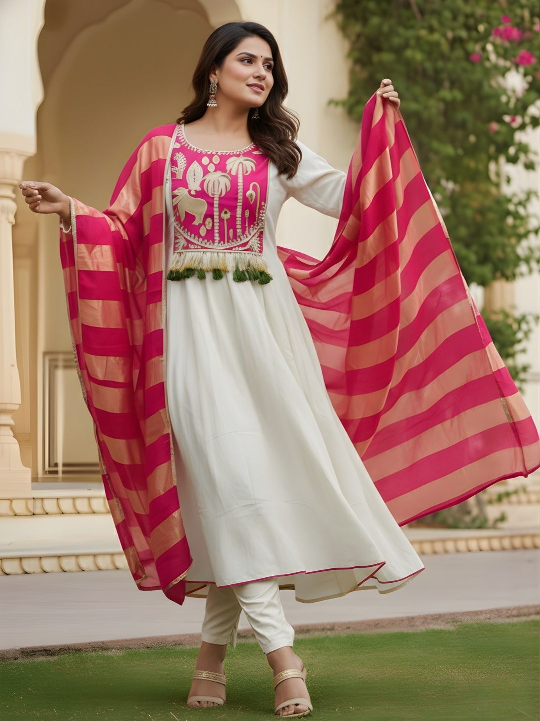 Off White Floral Panel Embroidery Silk Salwar Suit