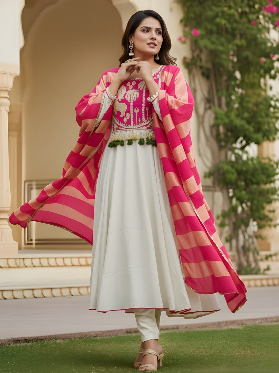 Off White Floral Panel Embroidery Silk Salwar Suit