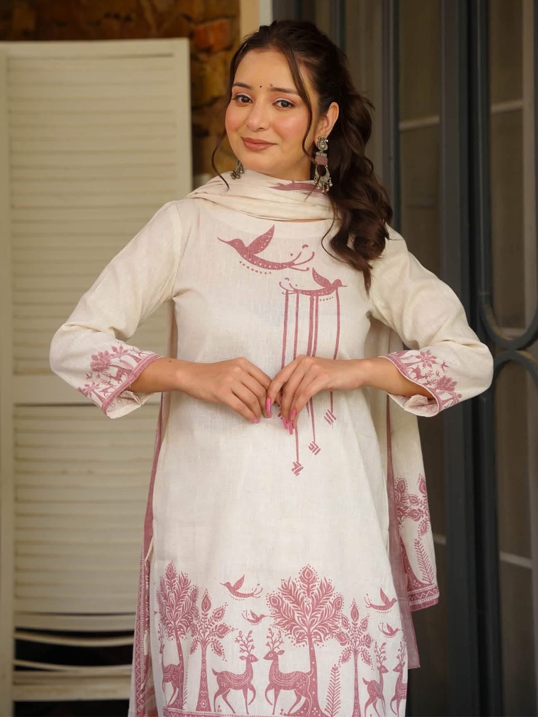 Off White Floral Printed Cotton Kurta Set