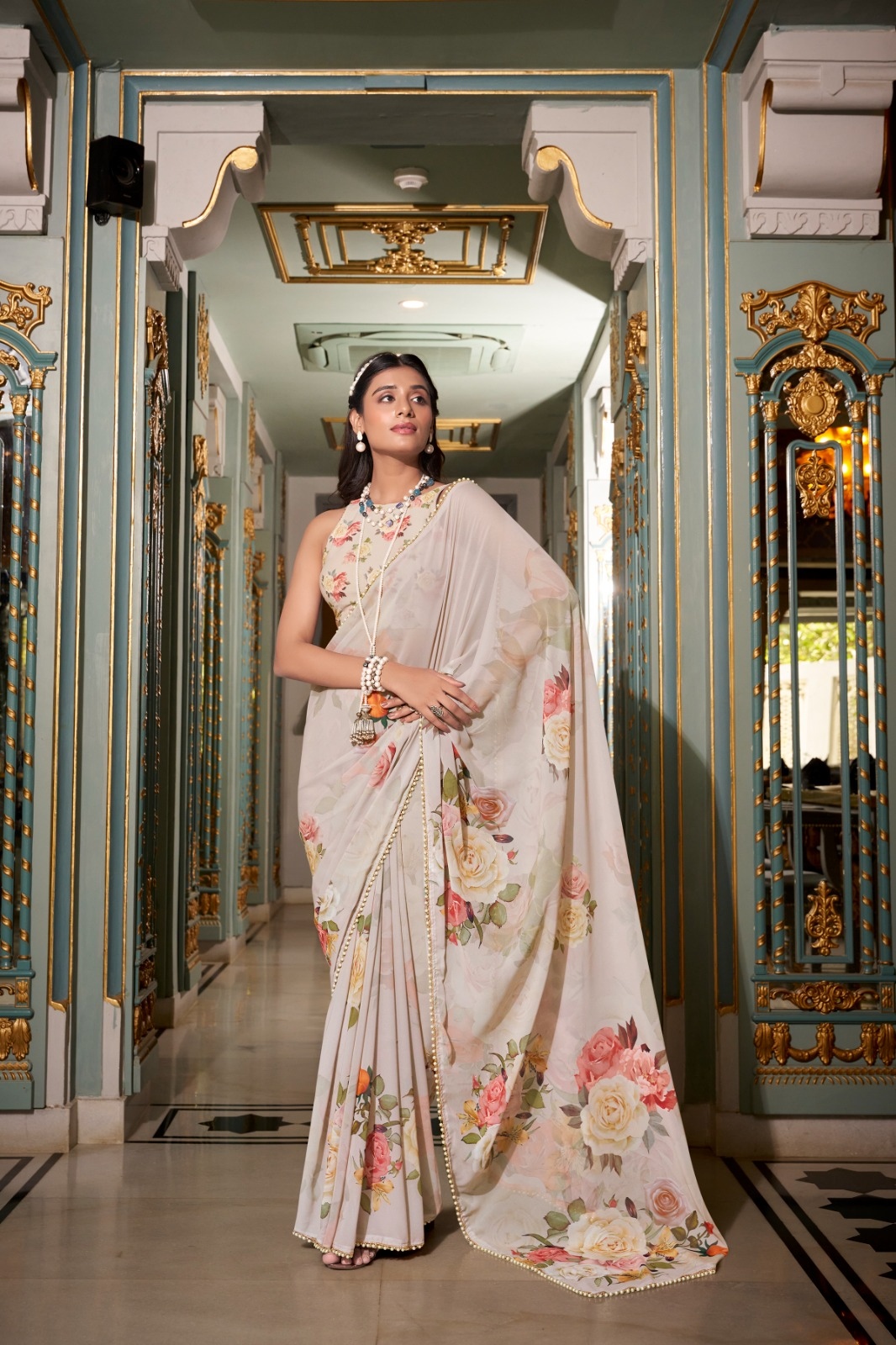 Off White Floral Printed Georgette Saree