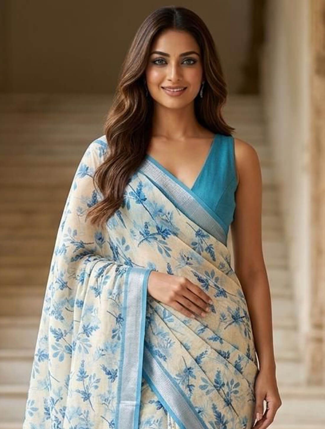 Off White Floral Printed Lichi Silk Saree — alternate view