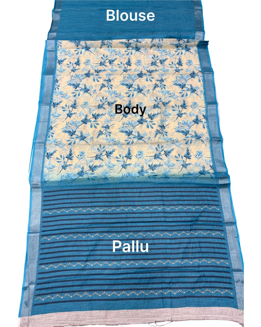 Off White Floral Printed Lichi Silk Saree