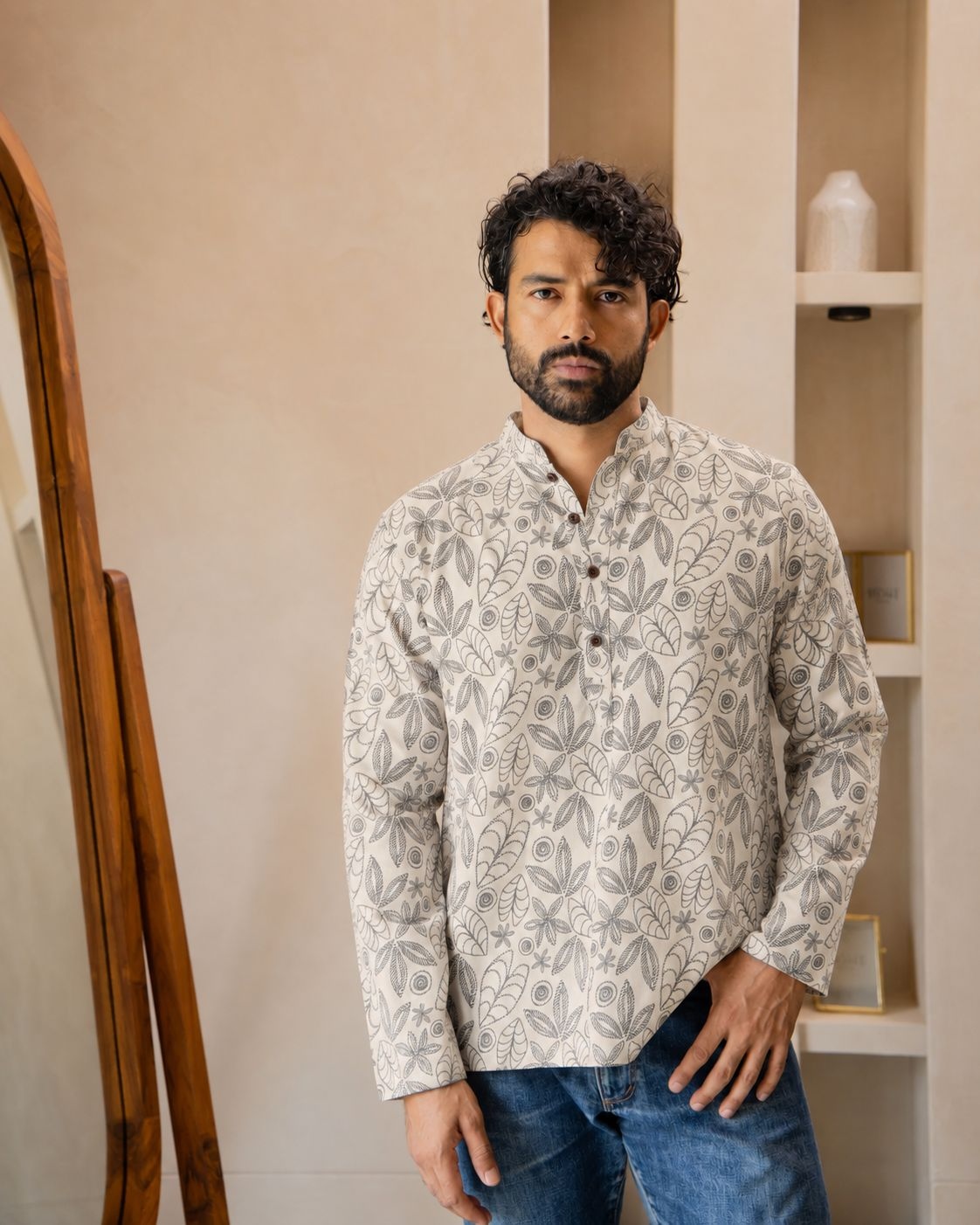 Off White Floral Printed Swiss Linen Short Kurta