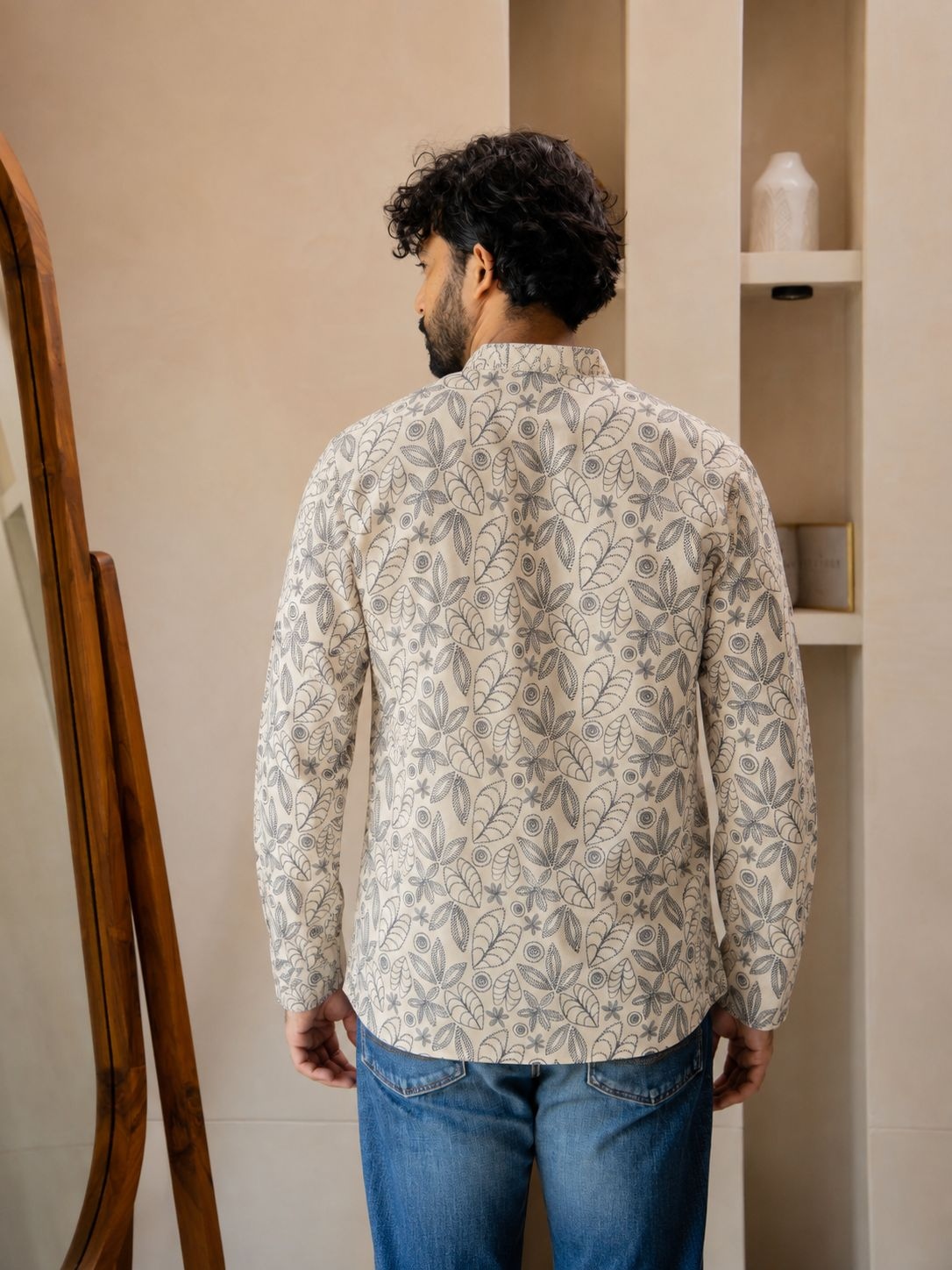 Off White Floral Printed Swiss Linen Short Kurta — alternate view