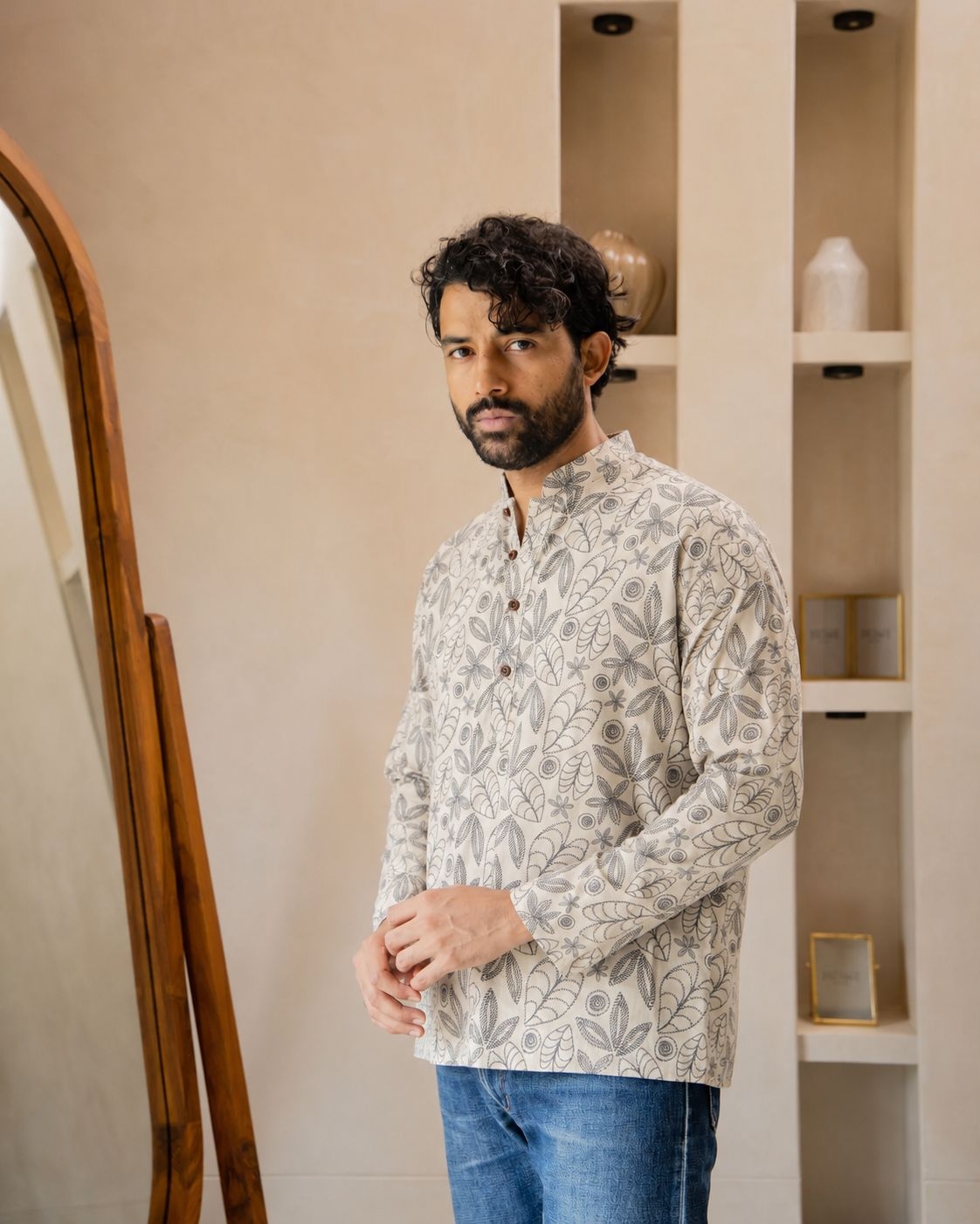 Off White Floral Printed Swiss Linen Short Kurta