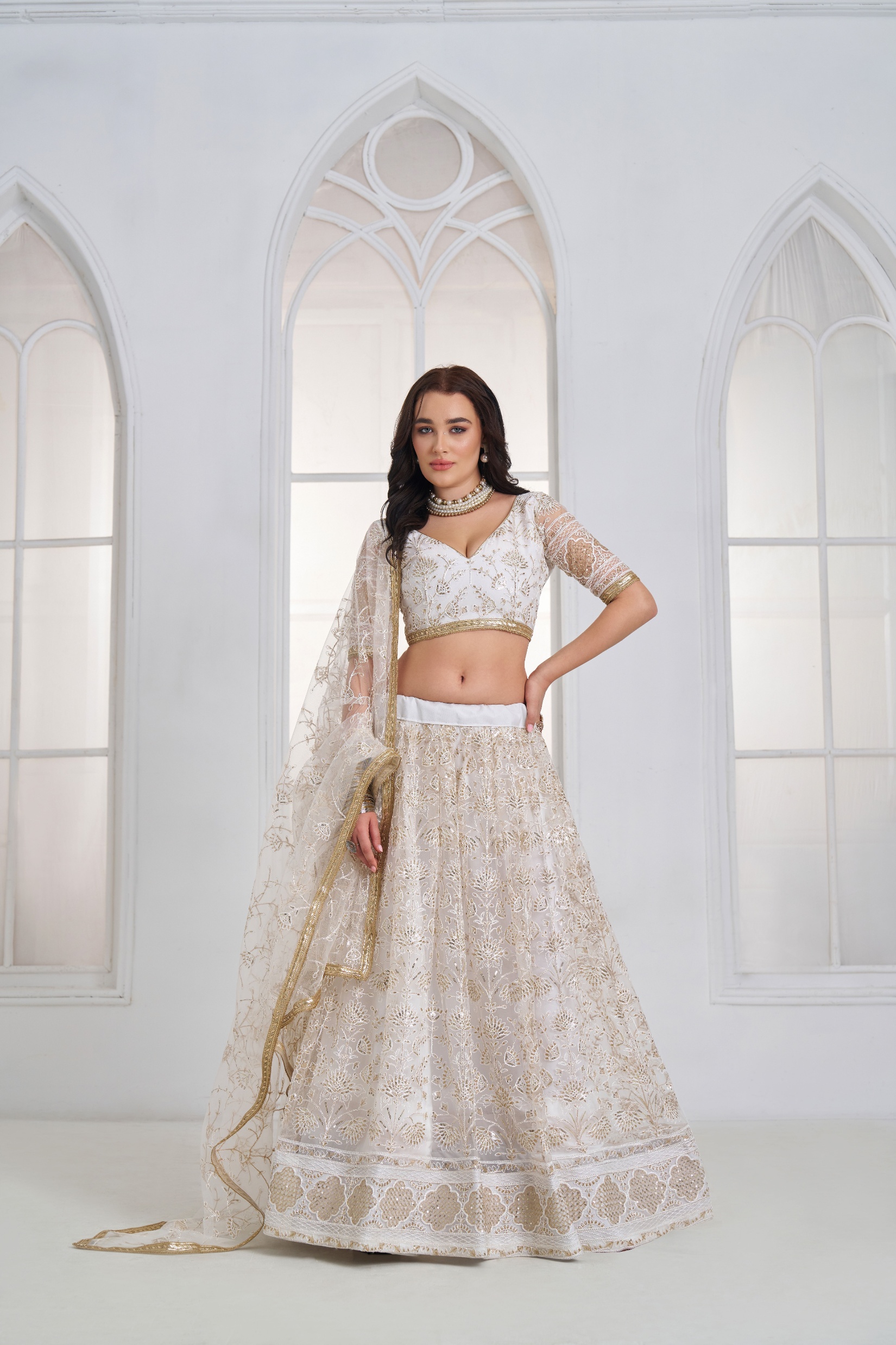 Off White Floral Sequins Butterfly Net Lehenga Choli