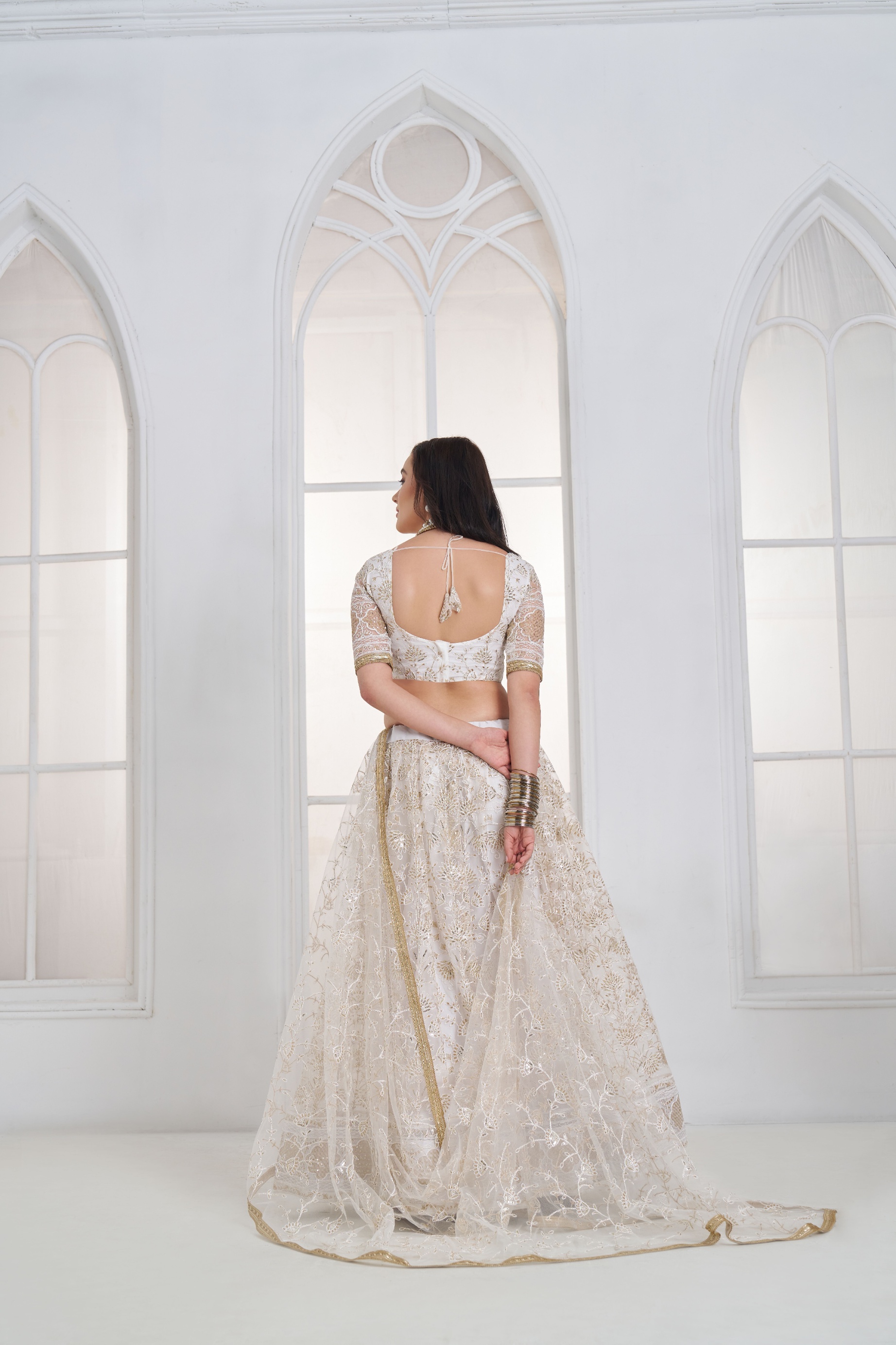 Off White Floral Sequins Butterfly Net Lehenga Choli — alternate view