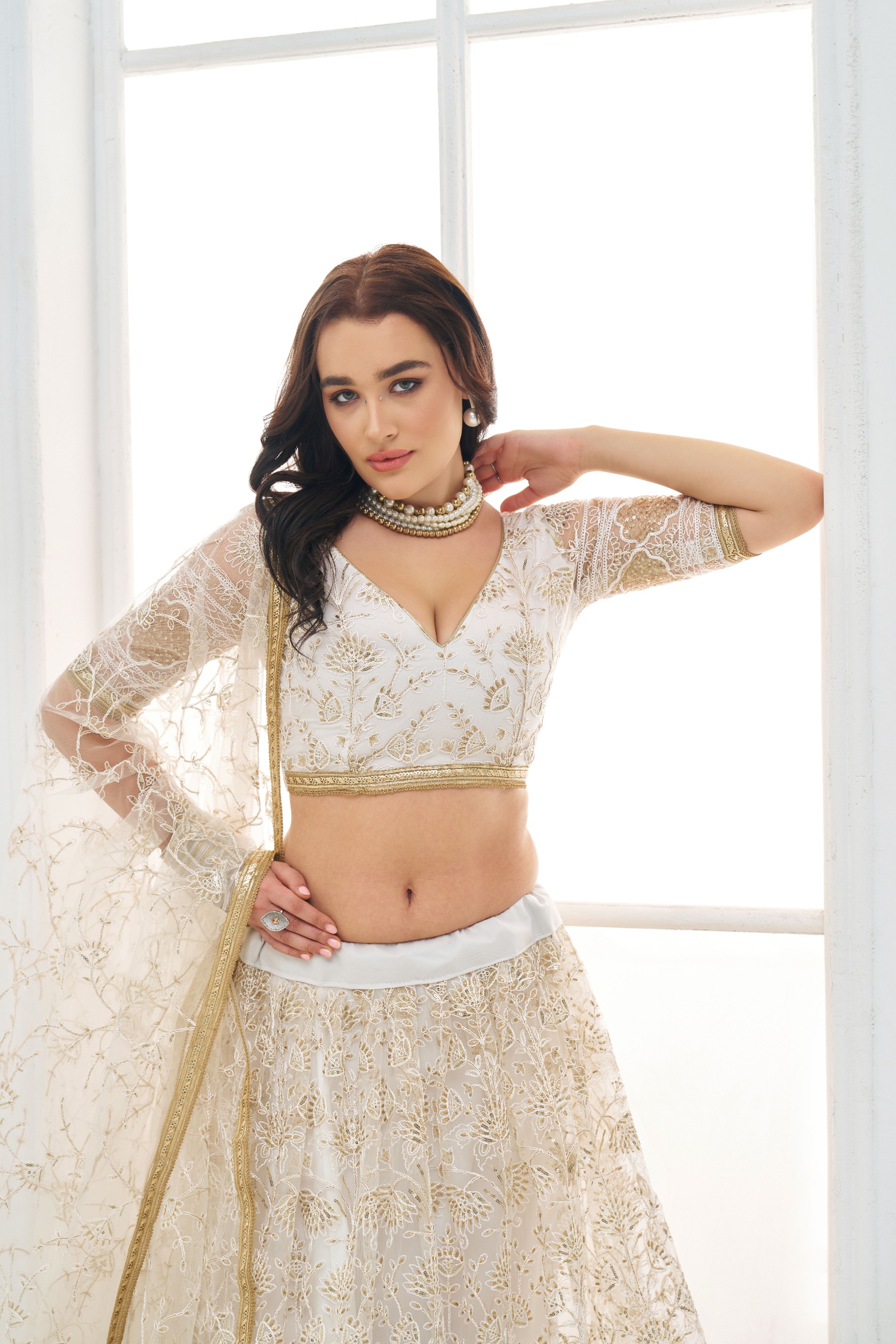 Off White Floral Sequins Butterfly Net Lehenga Choli