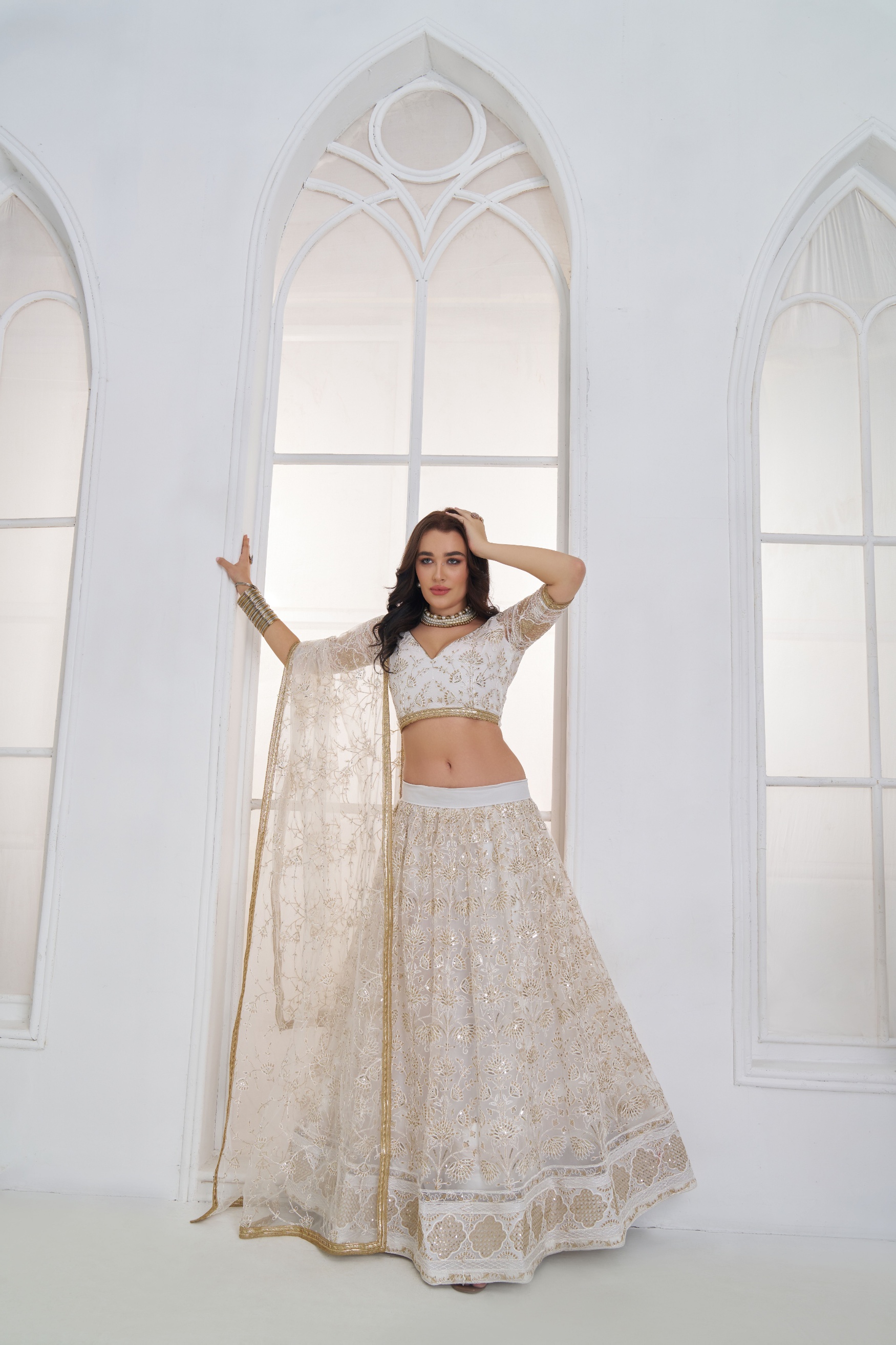 Off White Floral Sequins Butterfly Net Lehenga Choli