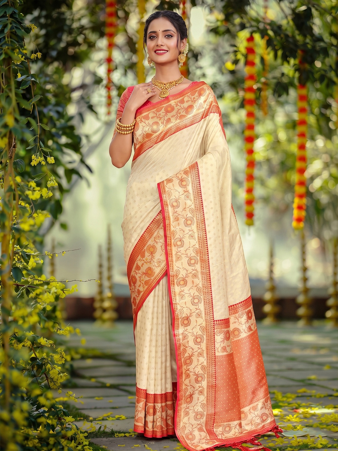 Off White Floral Woven Zari Silk Saree