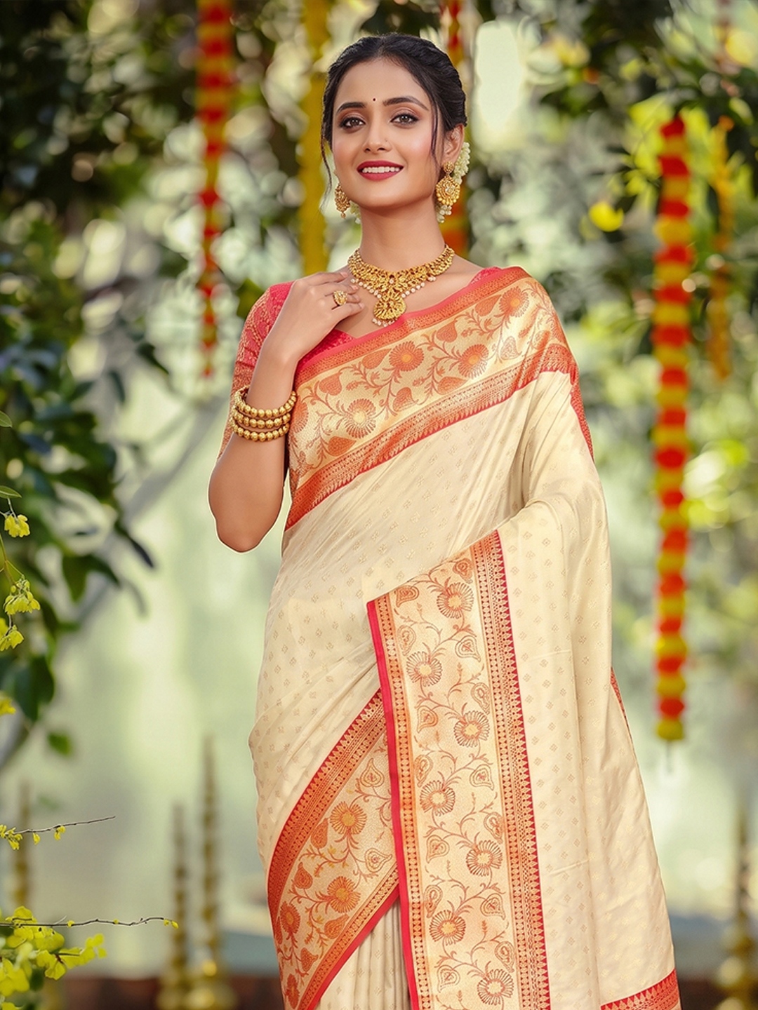 Off White Floral Woven Zari Silk Saree