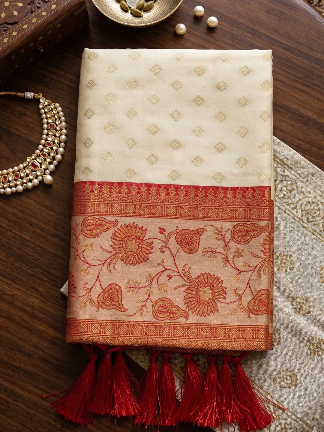 Off White Floral Woven Zari Silk Saree