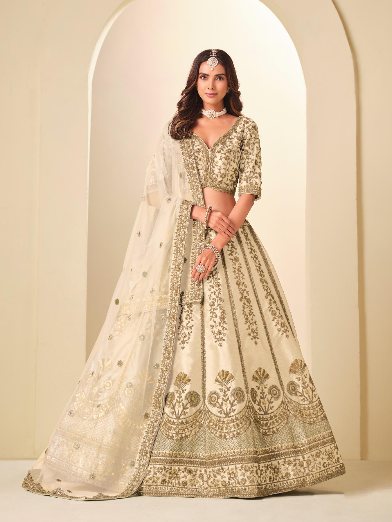 Off White Floral Zari Embroidered Lehenga Choli