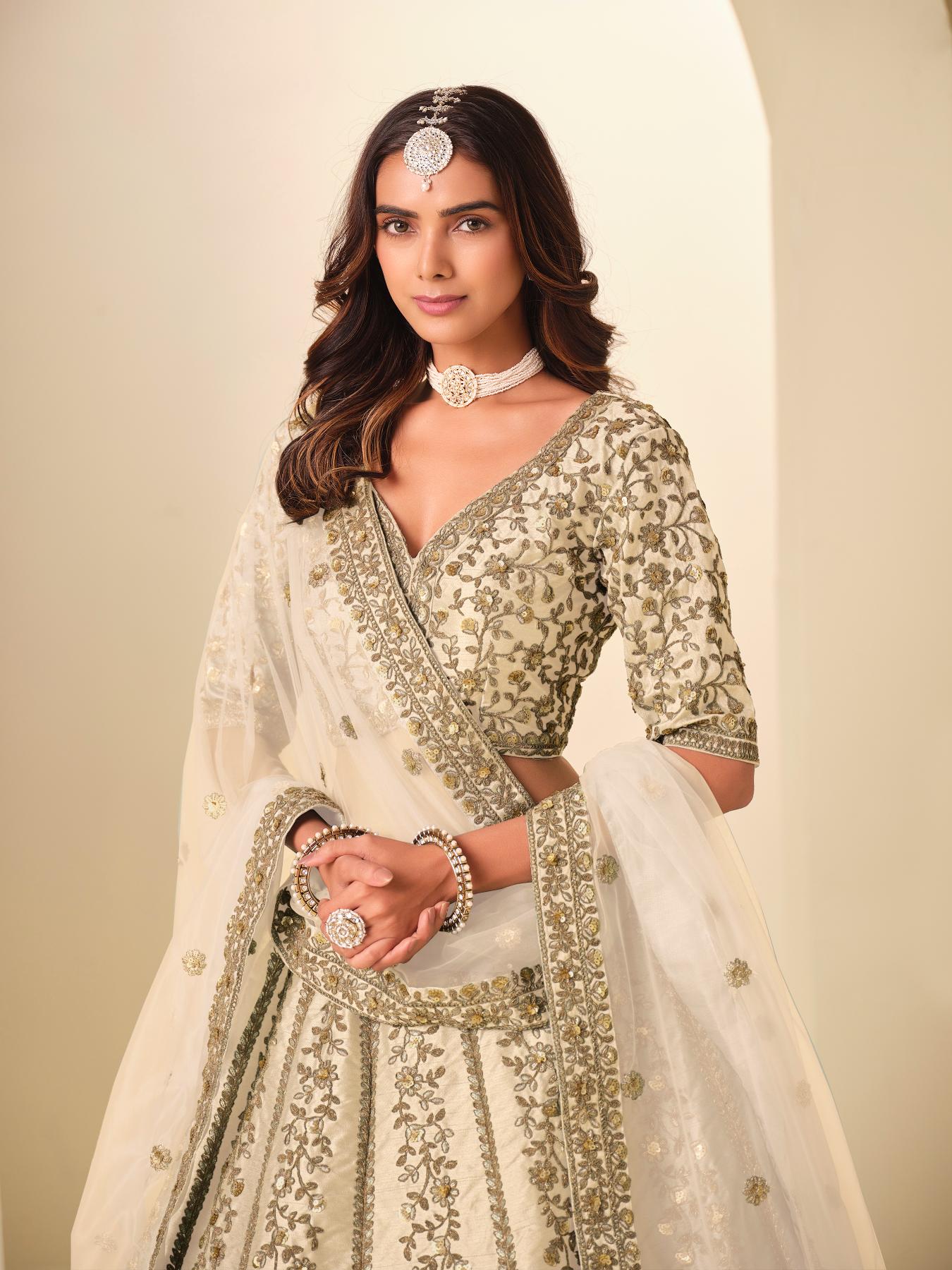 Off White Floral Zari Embroidered Lehenga Choli