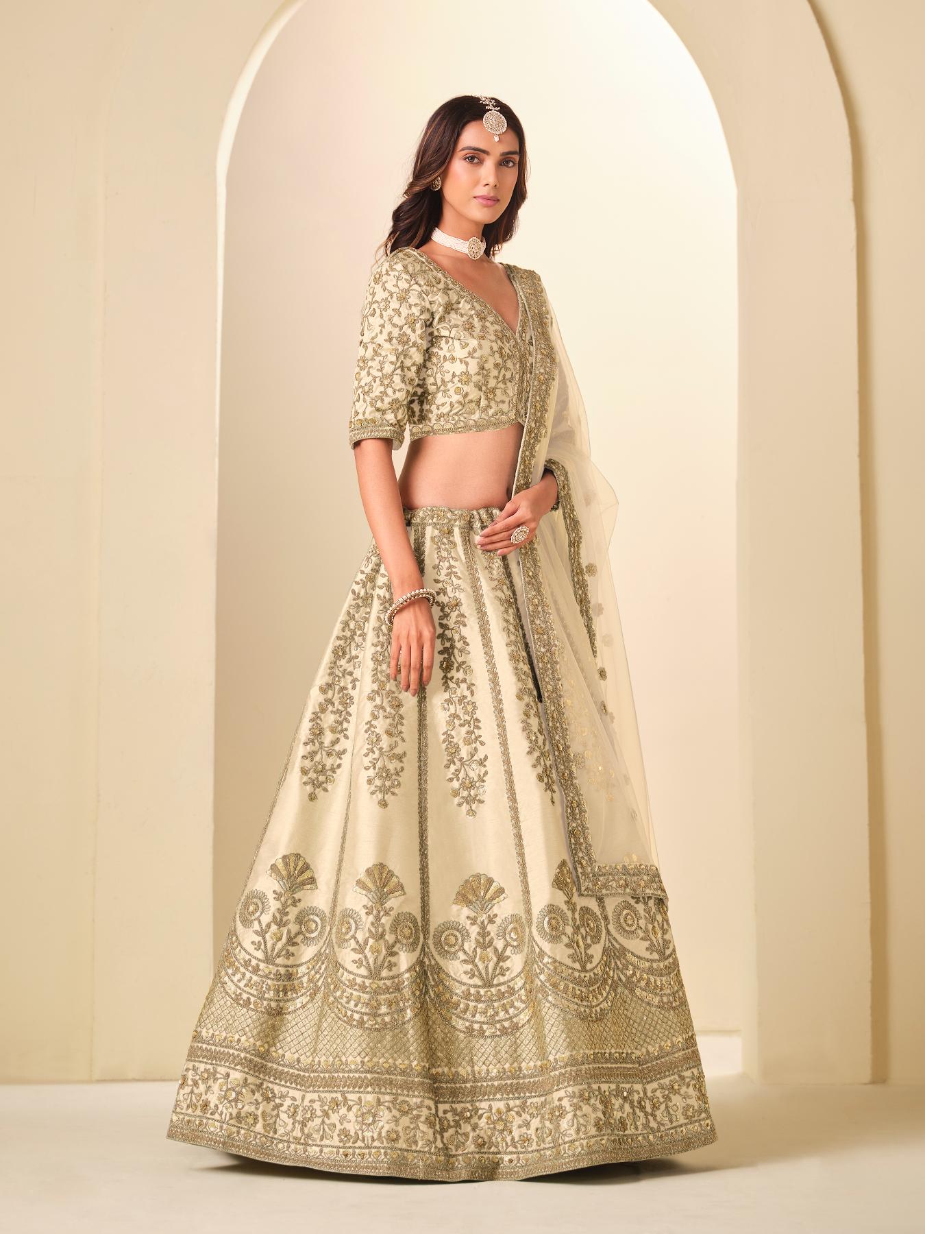 Off White Floral Zari Embroidered Lehenga Choli