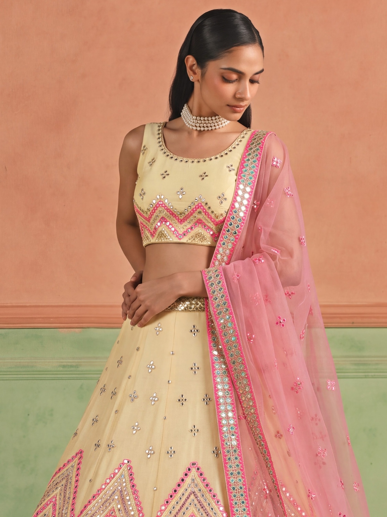 Off White Geometric Embroidered Organza Lehenga Choli — alternate view