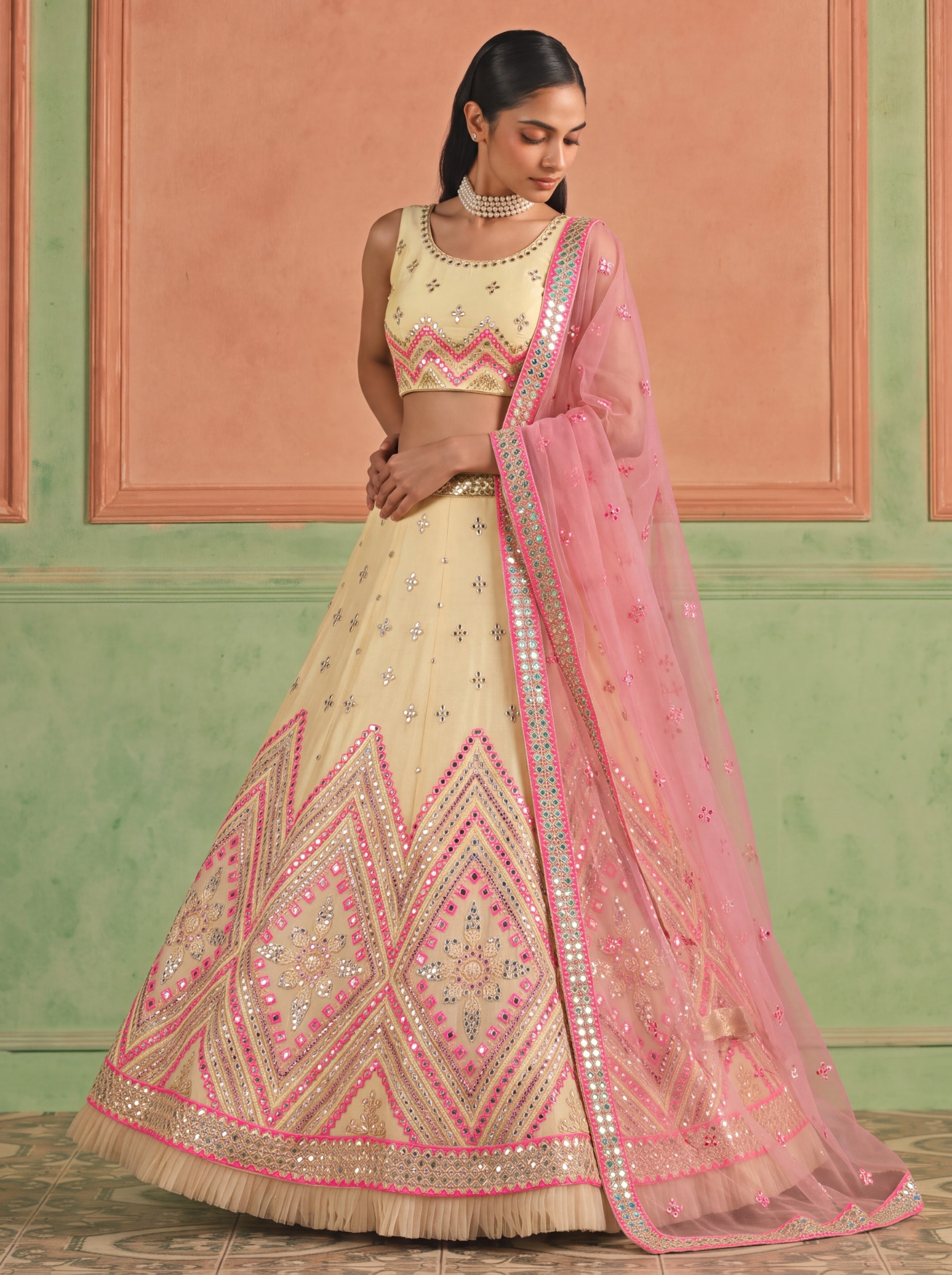 Off White Geometric Embroidered Organza Lehenga Choli