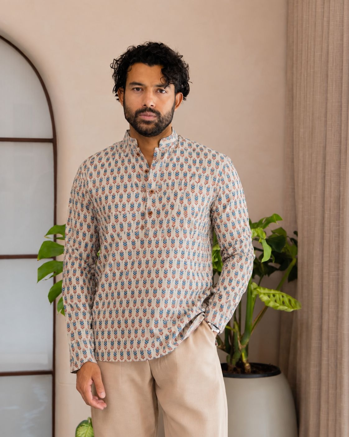 Off White Geometric Printed Swiss Linen Short Kurta