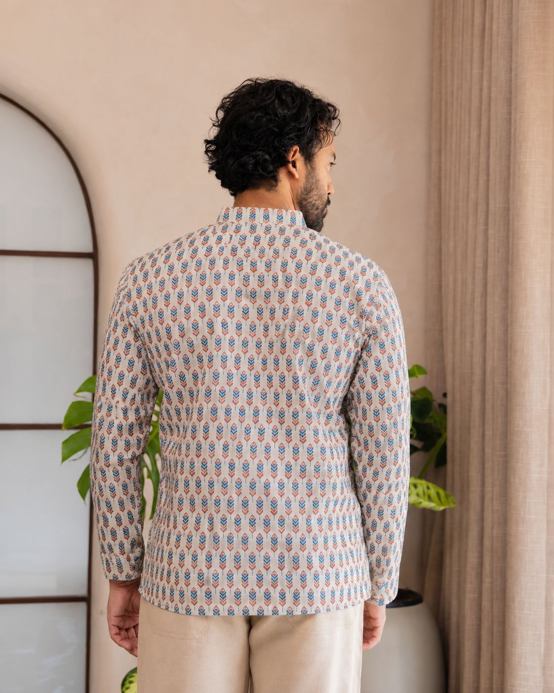 Off White Geometric Printed Swiss Linen Short Kurta — alternate view