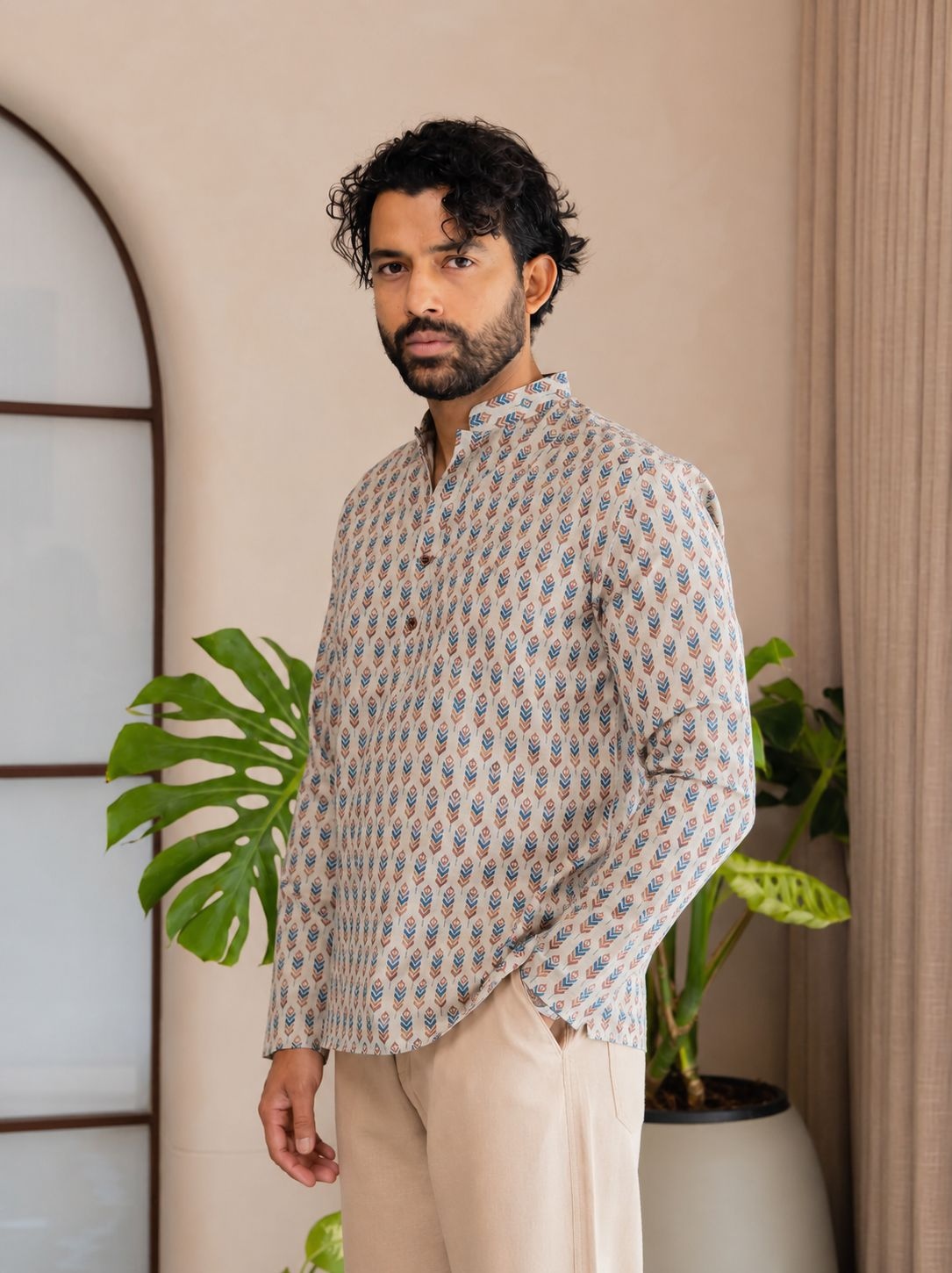 Off White Geometric Printed Swiss Linen Short Kurta