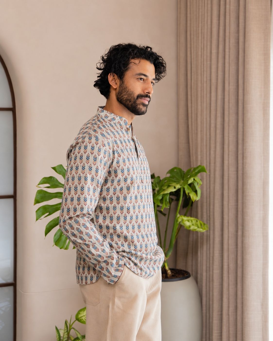 Off White Geometric Printed Swiss Linen Short Kurta