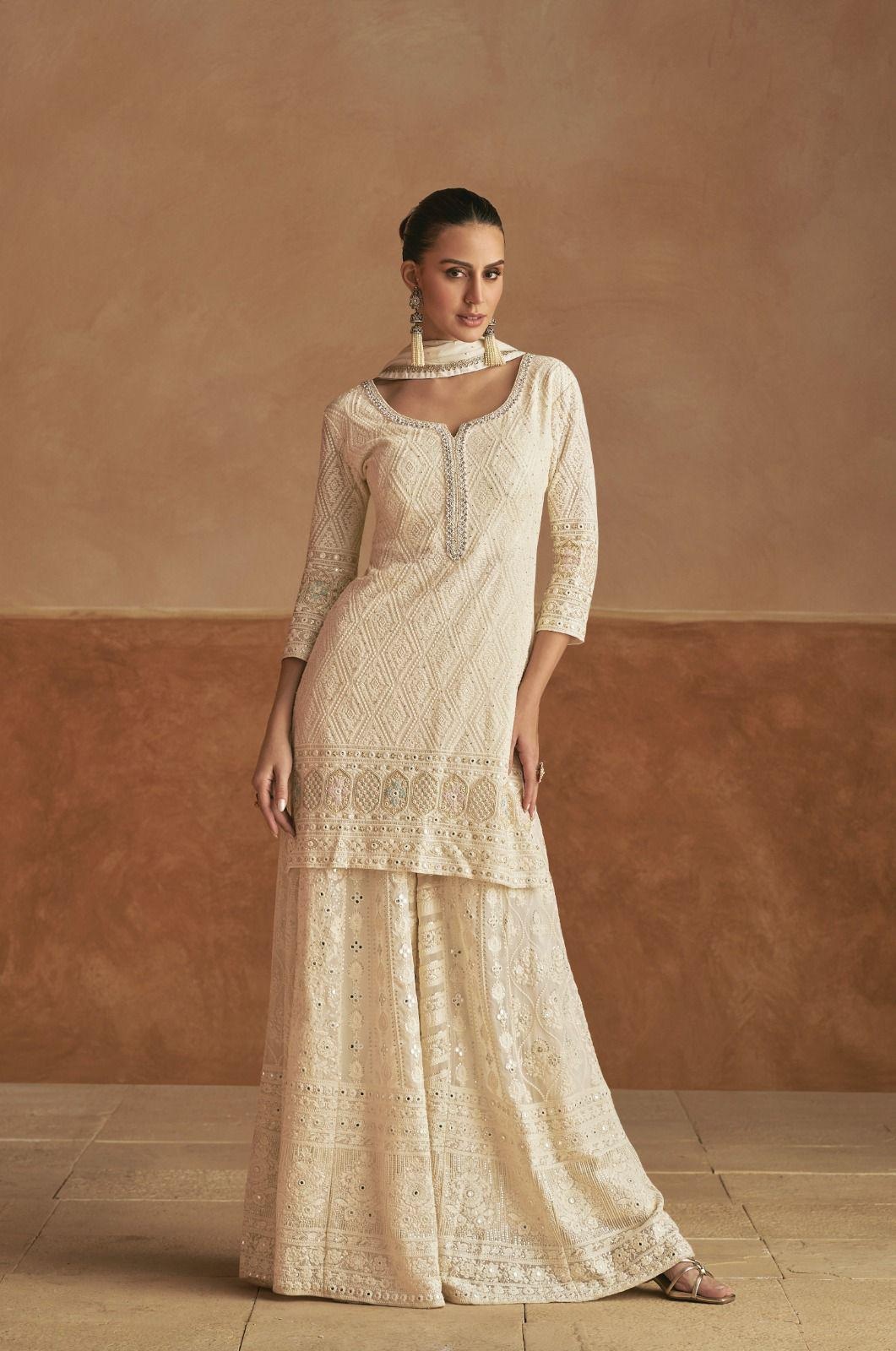 Off White Geometric Thread Embroidered Georgette Palazzo Suit
