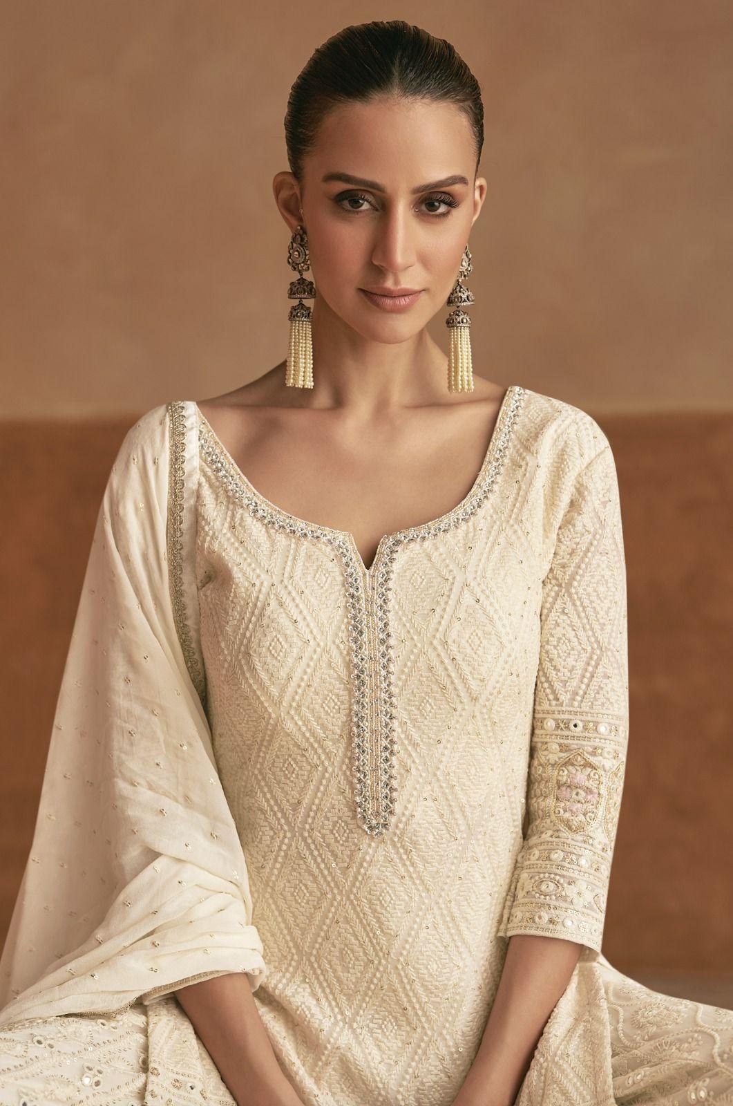 Off White Geometric Thread Embroidered Georgette Palazzo Suit — alternate view