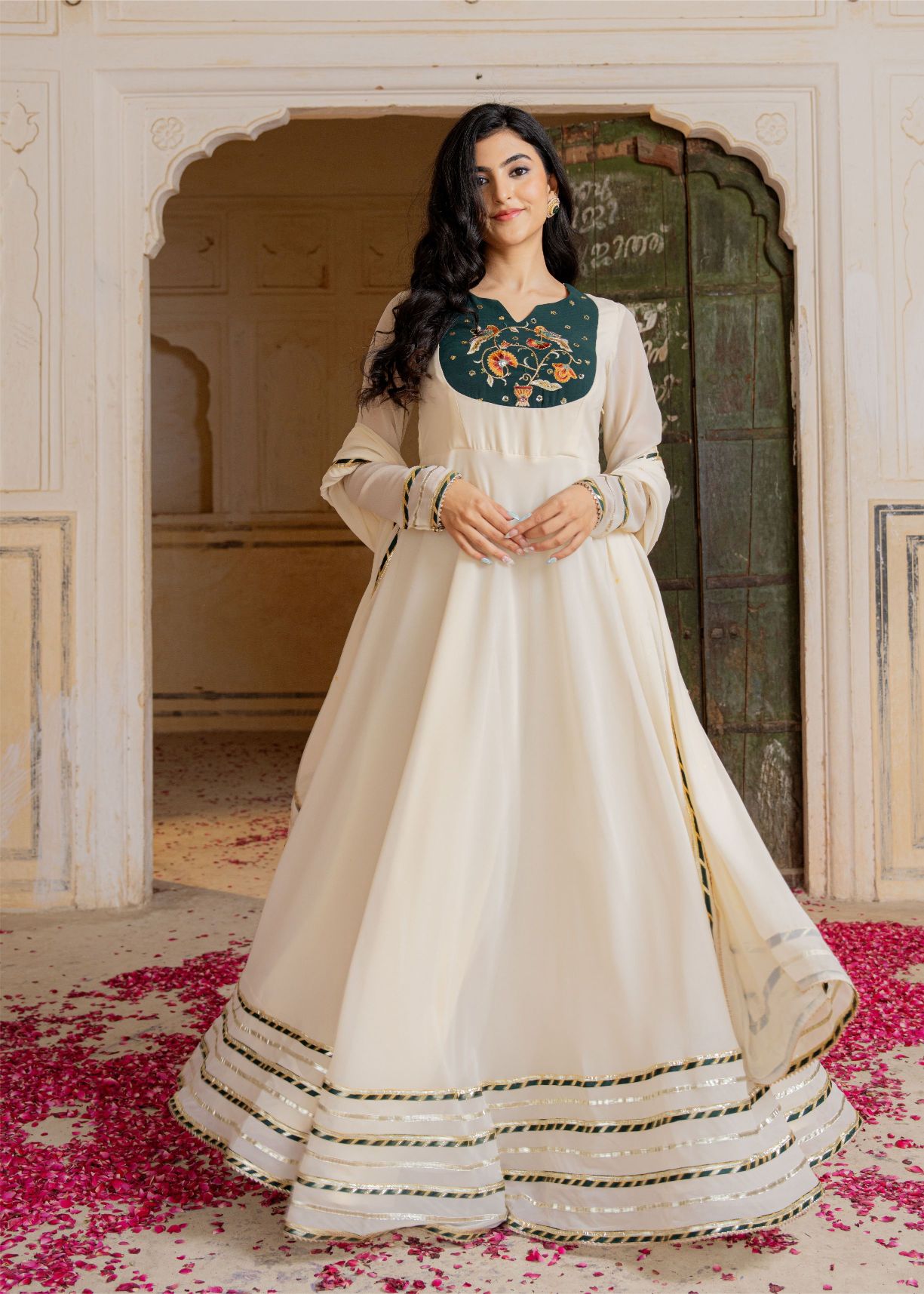 Off White Georgette Embroidered Gown