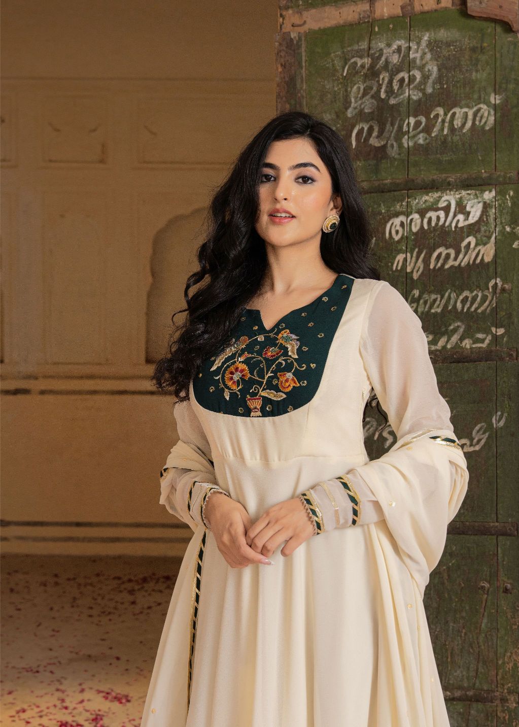 Off White Georgette Embroidered Gown