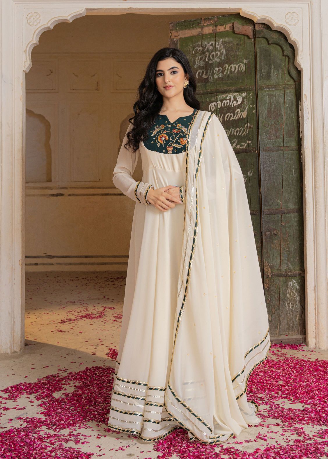 Off White Georgette Embroidered Gown
