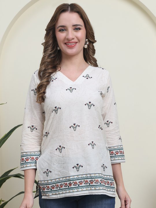 Off White Green Cambric Cotton Floral Block Print Kurti