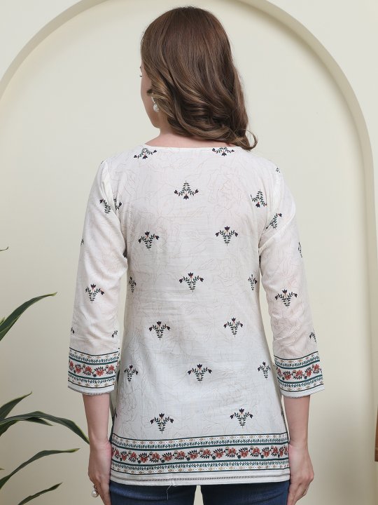 Off White Green Cambric Cotton Floral Block Print Kurti — alternate view