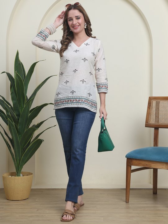 Off White Green Cambric Cotton Floral Block Print Kurti