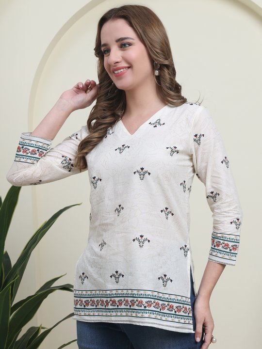 Off White Green Cambric Cotton Floral Block Print Kurti