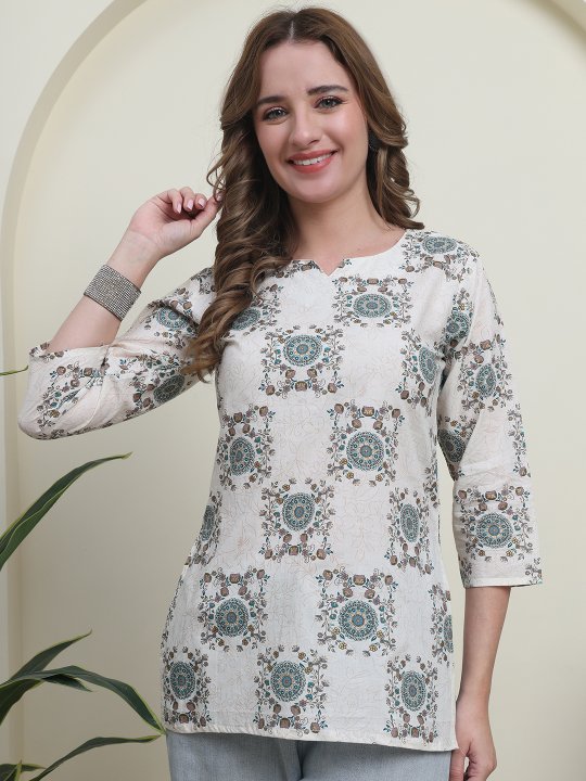 Off White Green Cotton Mandala Floral Printed Kurti