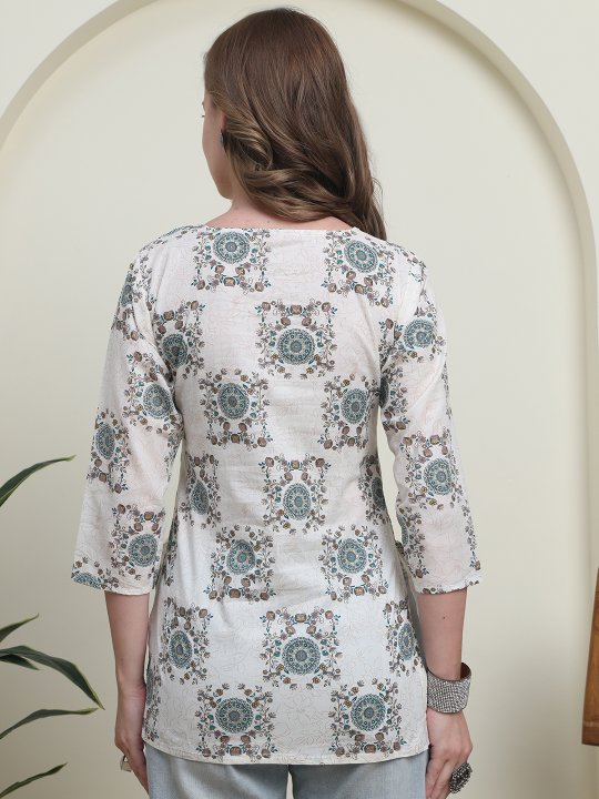 Off White Green Cotton Mandala Floral Printed Kurti — alternate view