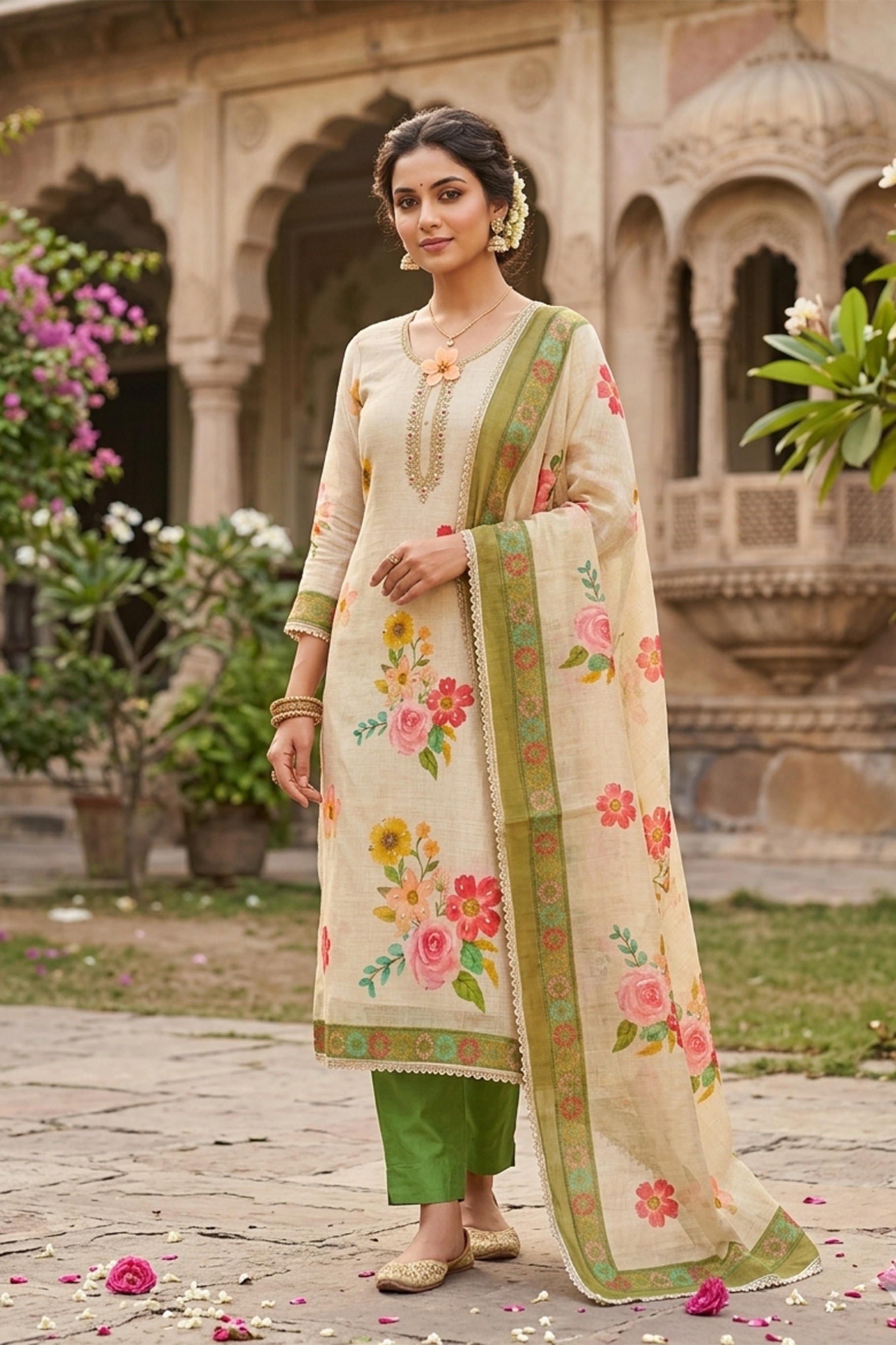 Off White Green Floral Digital Printed Linen Cotton Salwar Suit