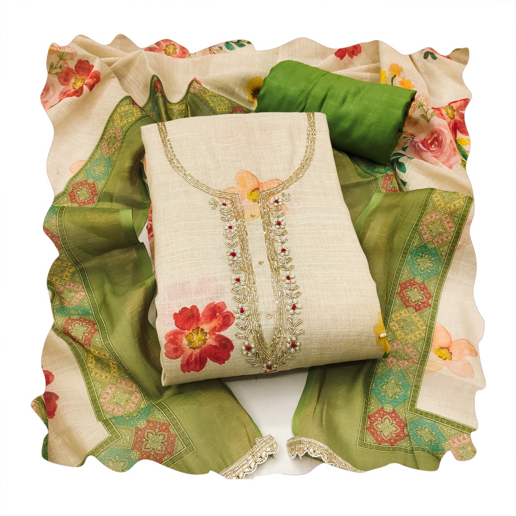 Off White Green Floral Digital Printed Linen Cotton Salwar Suit — alternate view