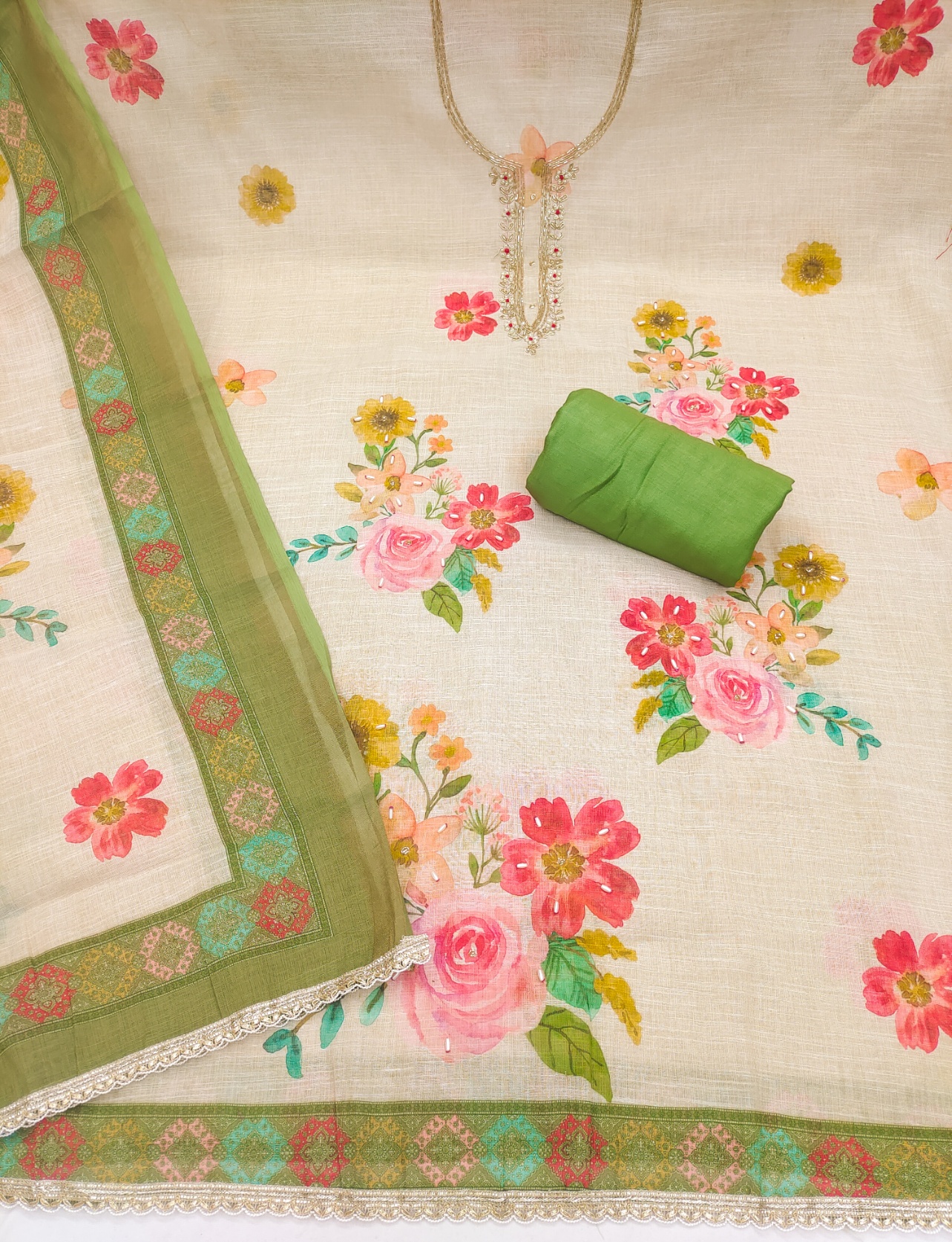 Off White Green Floral Digital Printed Linen Cotton Salwar Suit