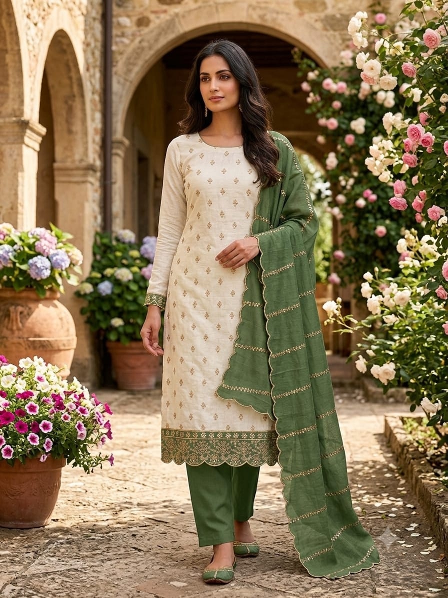 Off White Green Floral Embroidered Vichitra Straight Suit