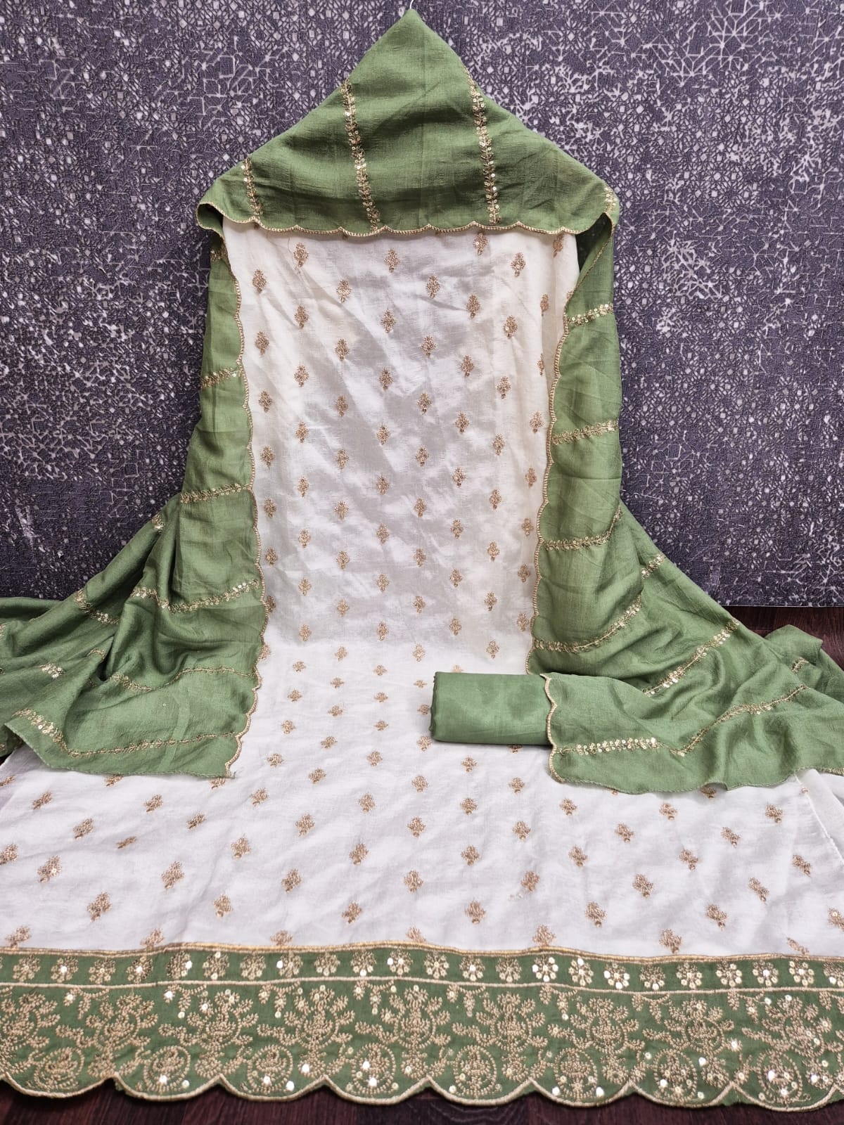 Off White Green Floral Embroidered Vichitra Straight Suit — alternate view