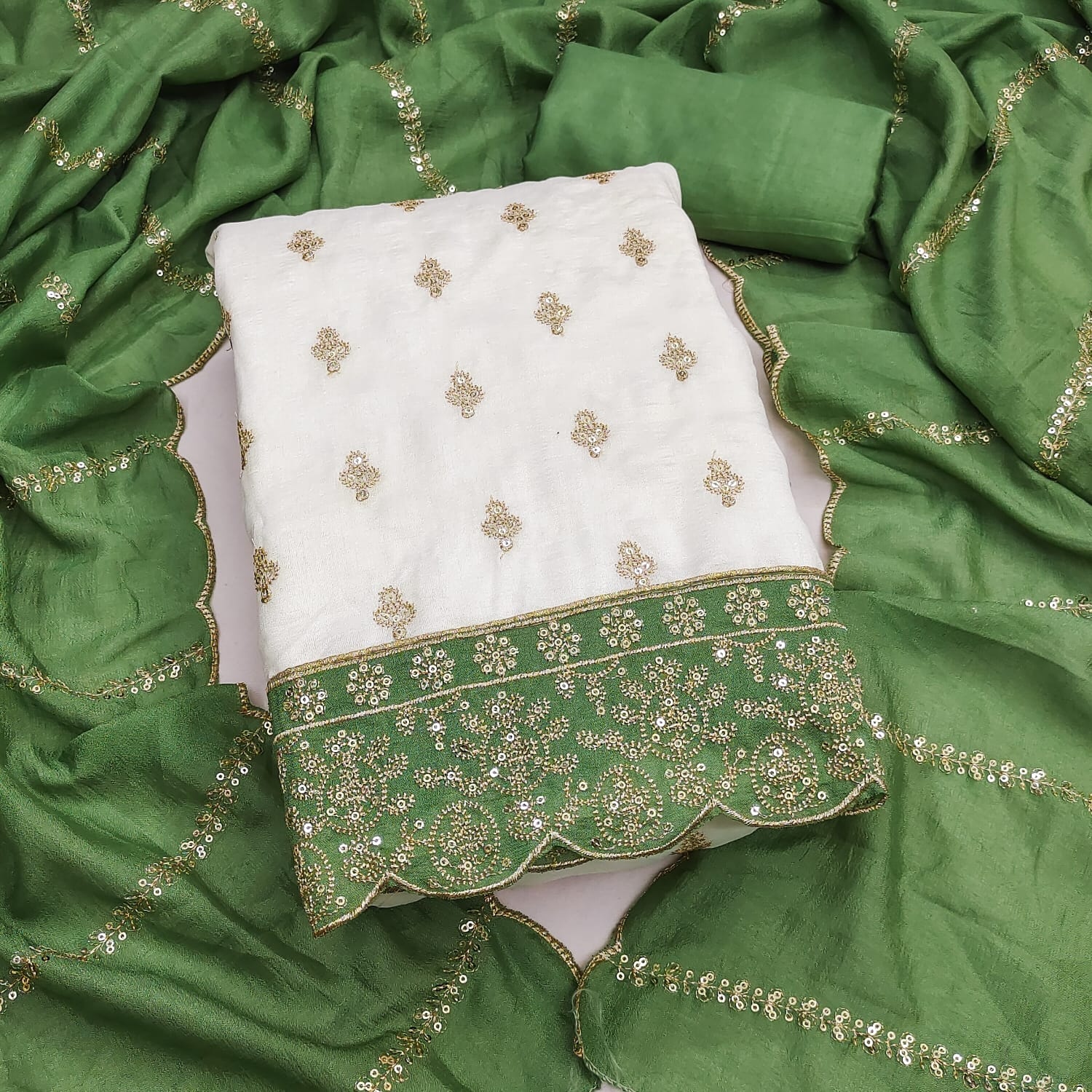 Off White Green Floral Embroidered Vichitra Straight Suit