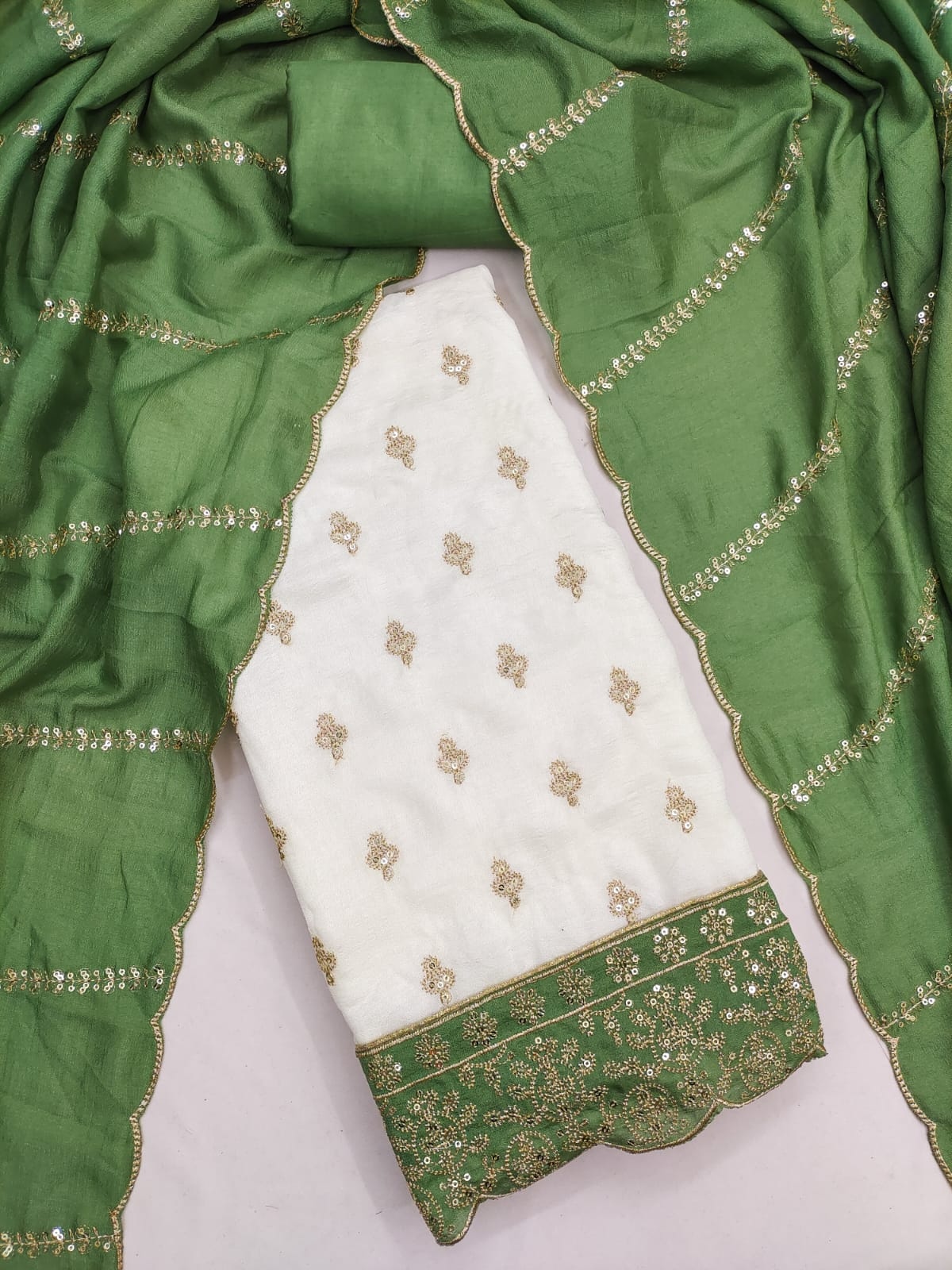 Off White Green Floral Embroidered Vichitra Straight Suit