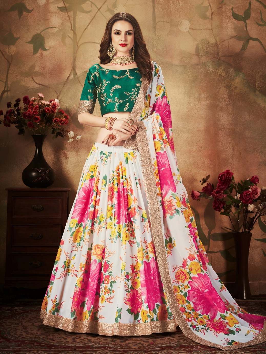 Off-White Green Floral Organza Lehenga Choli