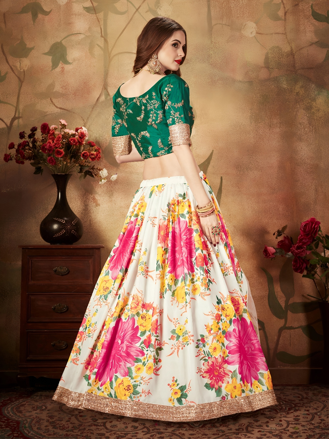 Off-White Green Floral Organza Lehenga Choli — alternate view