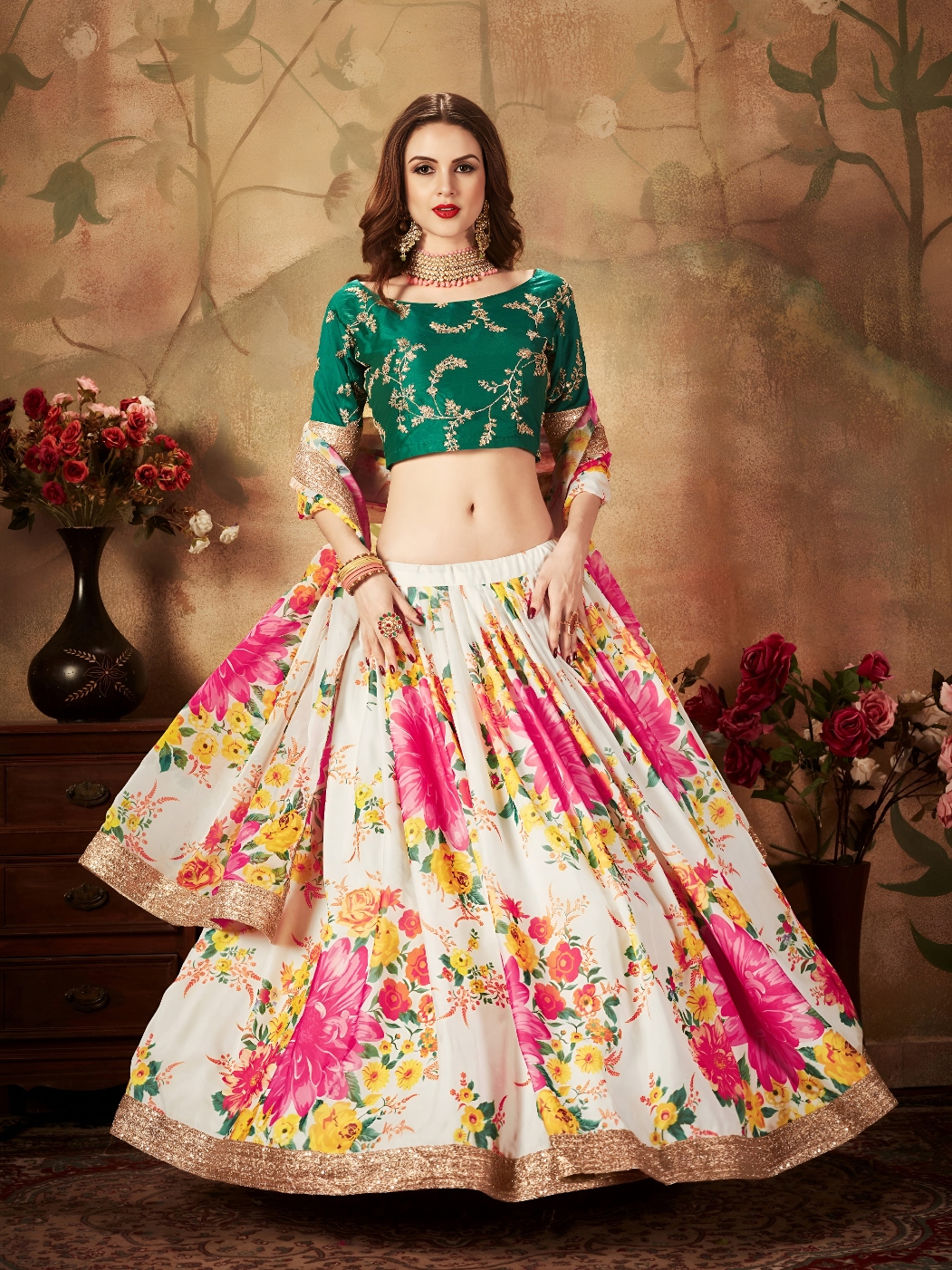 Off-White Green Floral Organza Lehenga Choli